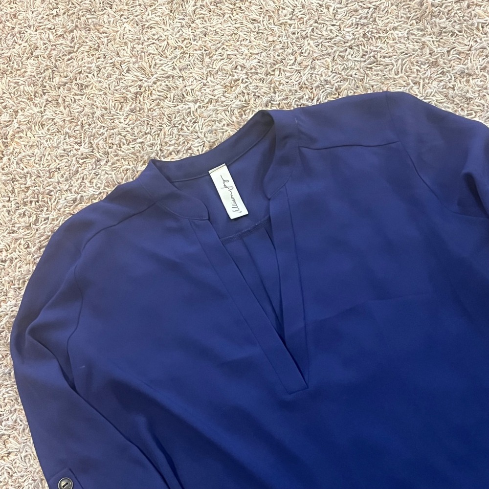 Allison‎ Joy Navy Blue Roll Tab Sleeve V-Neck Blouse Top Large